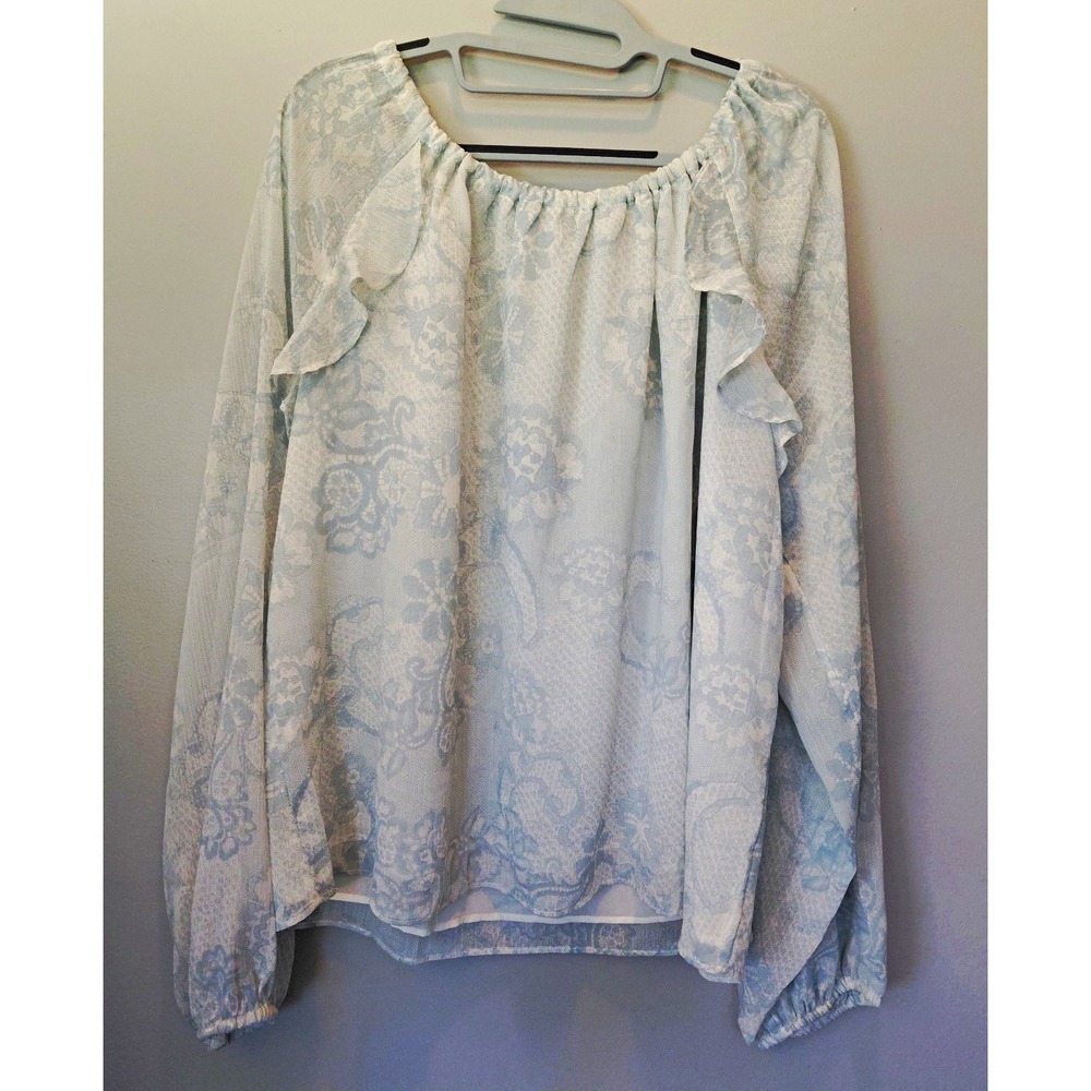 52-Ann Taylor Factory XL Blue/White Floral Peasant Blouse Ruffle